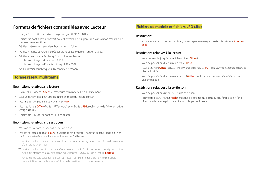 Samsung LH22DBDPLGC/EN manual Formats de fichiers compatibles avec Lecteur, Horaire réseau multitrame 