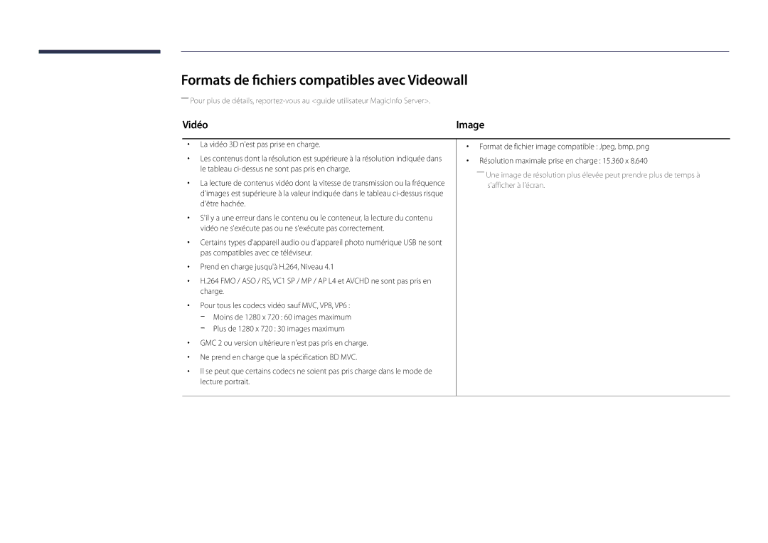 Samsung LH22DBDPLGC/EN manual Formats de fichiers compatibles avec Videowall, Vidéo 