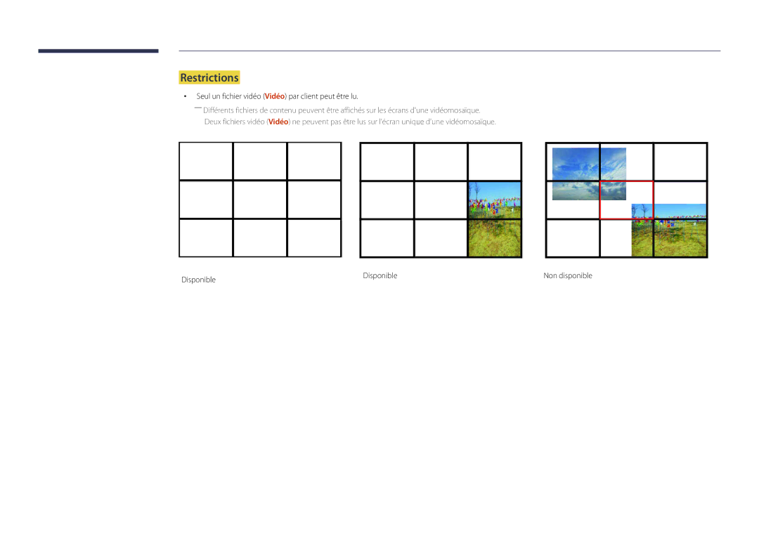 Samsung LH22DBDPLGC/EN manual Restrictions, Seul un fichier vidéo Vidéo par client peut être lu, Disponible 
