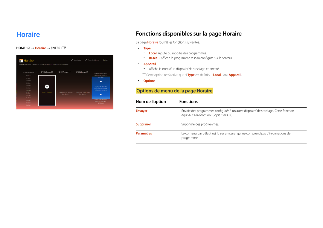 Samsung LH22DBDPLGC/EN manual Fonctions disponibles sur la page Horaire, Options de menu de la page Horaire 