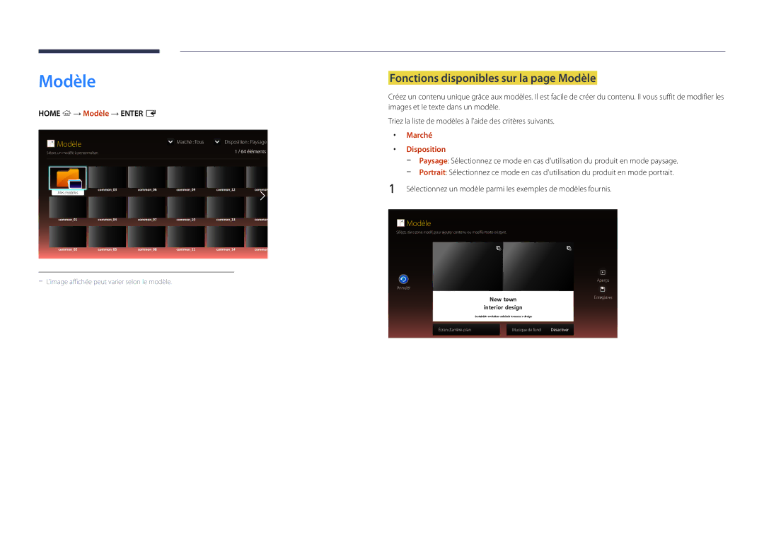 Samsung LH22DBDPLGC/EN manual Fonctions disponibles sur la page Modèle, Home → Modèle → Enter E, Marché, Disposition 