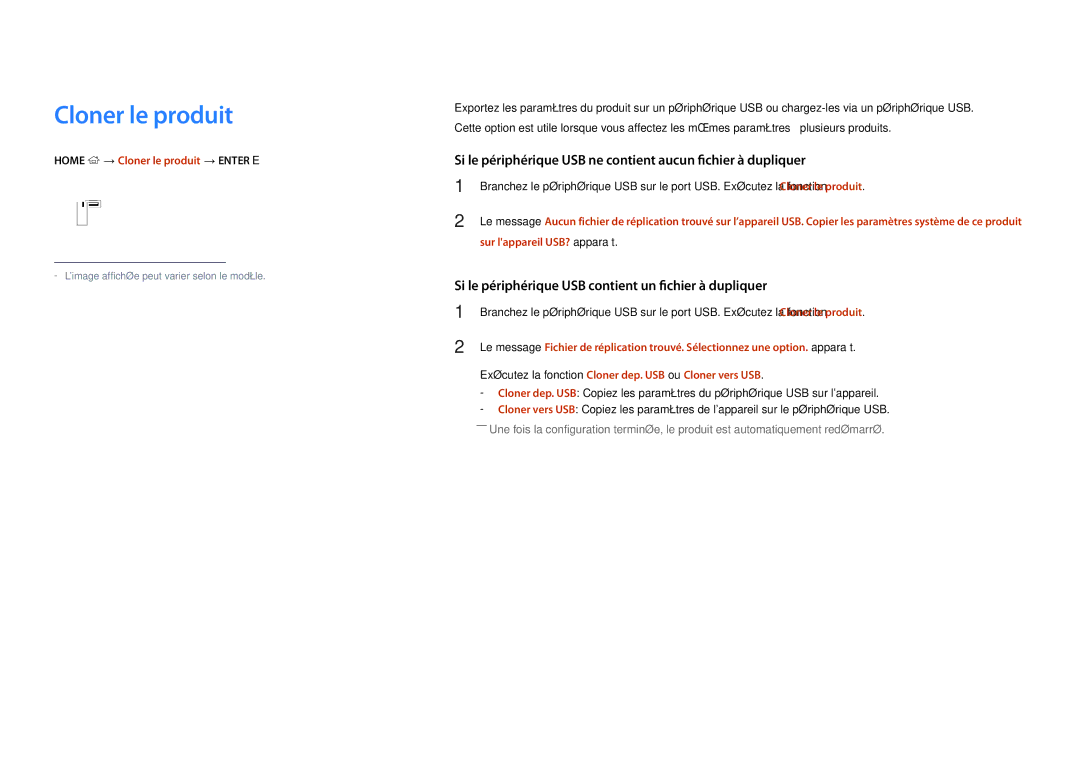 Samsung LH22DBDPLGC/EN manual Home → Cloner le produit → Enter E, Sur lappareil USB? apparaît 