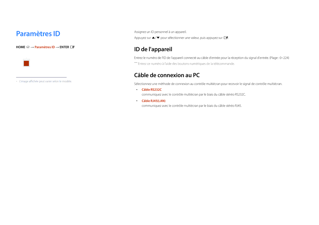 Samsung LH22DBDPLGC/EN manual Paramètres ID, ID de lappareil, Câble de connexion au PC 