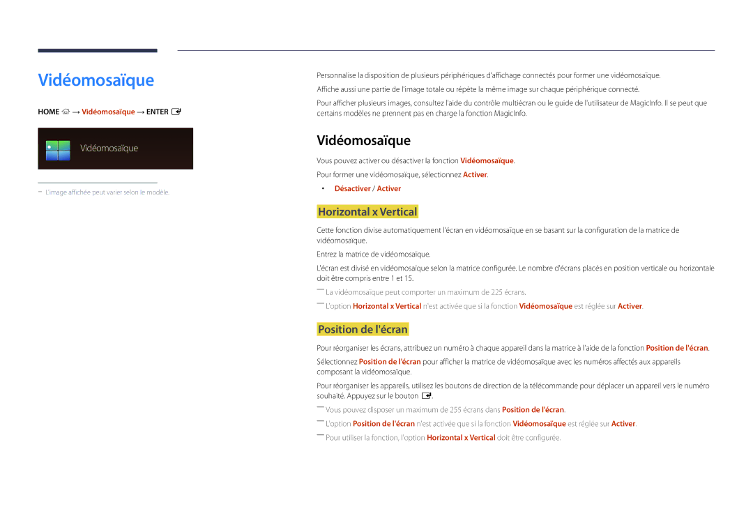 Samsung LH22DBDPLGC/EN manual Vidéomosaïque, Horizontal x Vertical, Position de lécran 