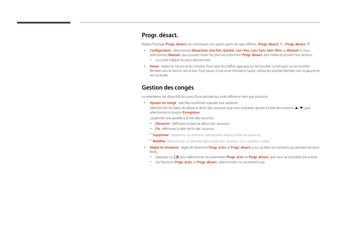 Samsung LH22DBDPLGC/EN manual Progr. désact, Gestion des congés 