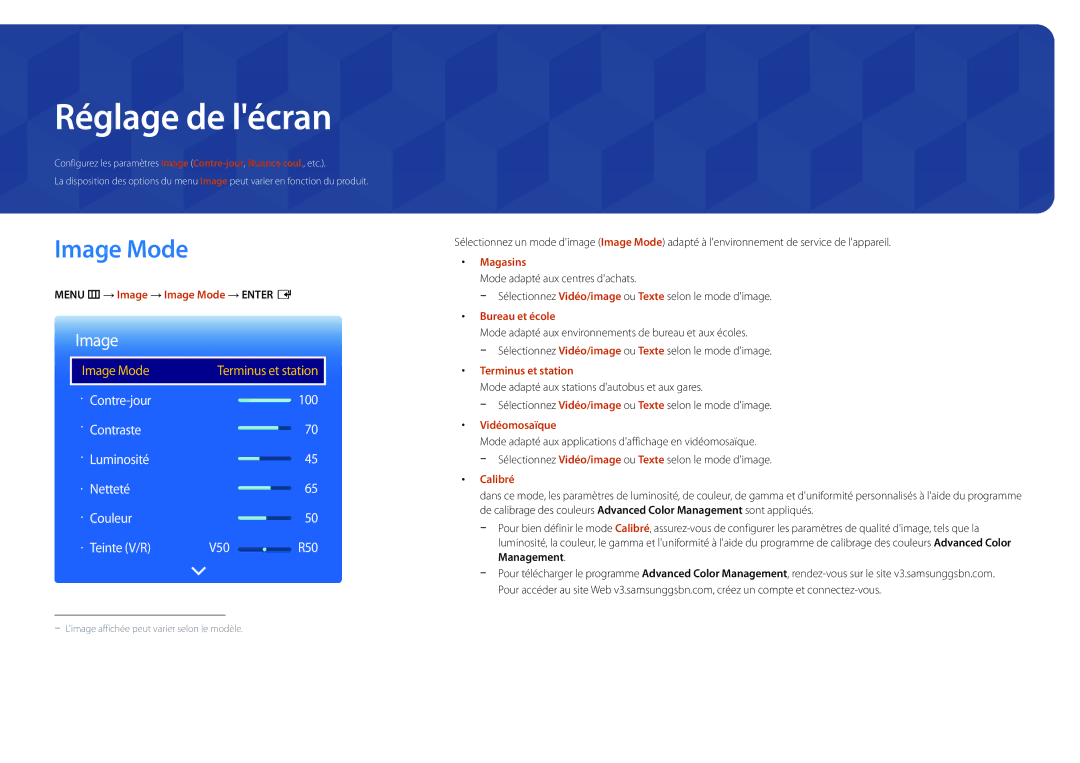 Samsung LH22DBDPLGC/EN manual Réglage de lécran, Menu m → Image → Image Mode → Enter E 