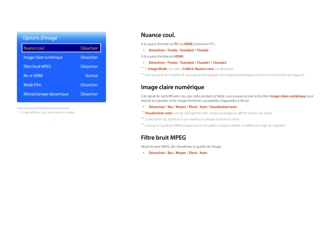 Samsung LH22DBDPLGC/EN manual Nuance coul, Image claire numérique, Filtre bruit Mpeg 