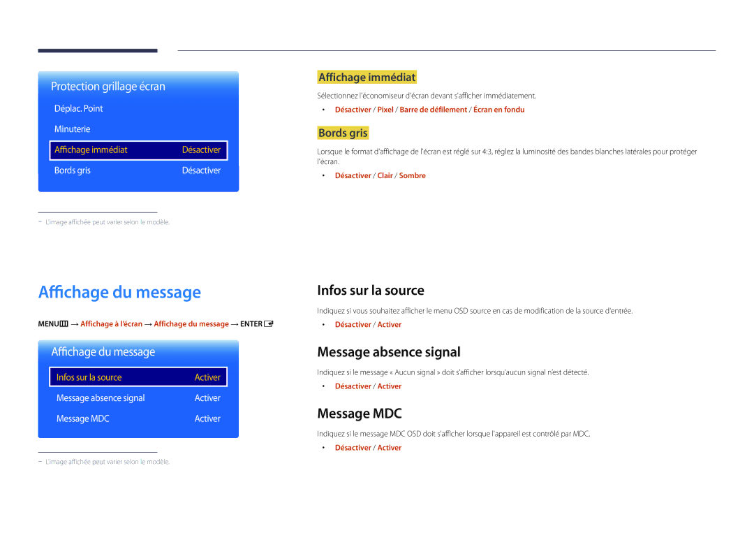 Samsung LH22DBDPLGC/EN manual Affichage du message, Infos sur la source, Message absence signal, Message MDC 