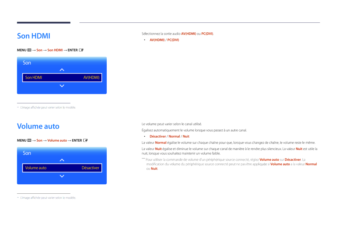 Samsung LH22DBDPLGC/EN manual Menu m → Son → Son Hdmi → Enter E, Menu m → Son → Volume auto → Enter E 