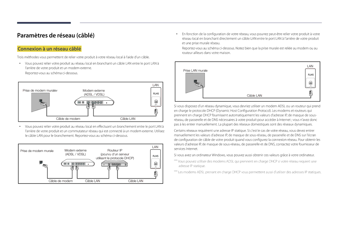 Samsung LH22DBDPLGC/EN manual Paramètres de réseau câblé, Connexion à un réseau câblé 