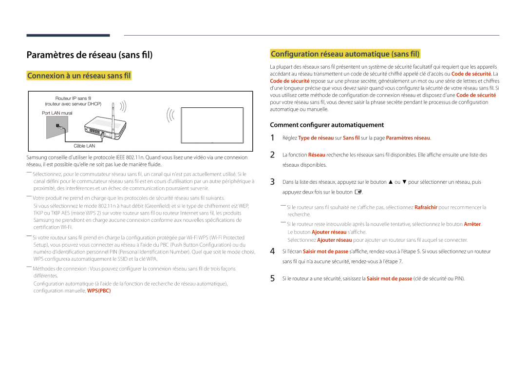 Samsung LH22DBDPLGC/EN manual Paramètres de réseau sans fil, Connexion à un réseau sans fil 