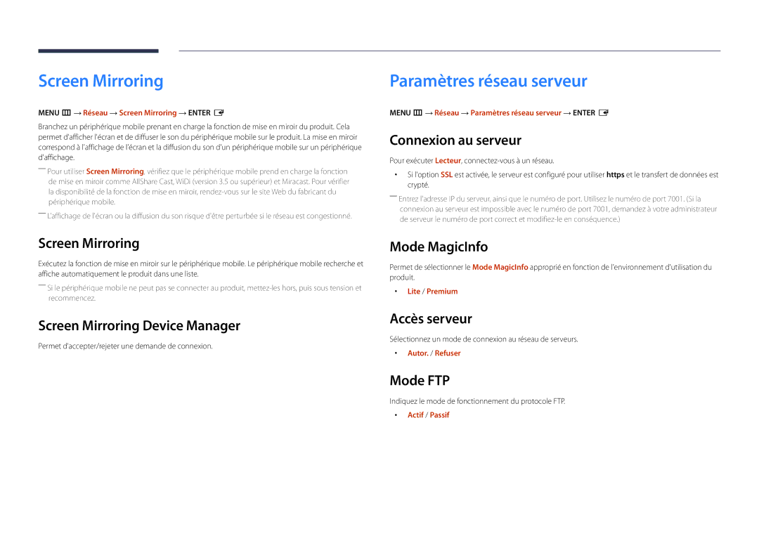 Samsung LH22DBDPLGC/EN manual Screen Mirroring, Paramètres réseau serveur 