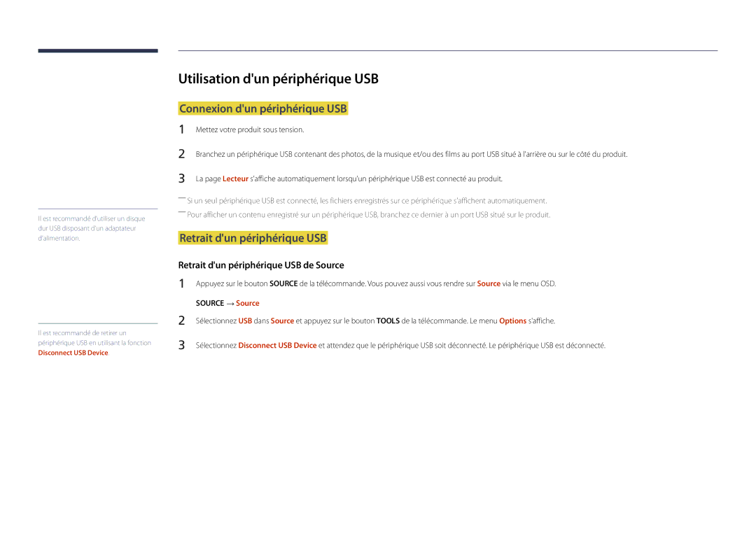 Samsung LH22DBDPLGC/EN Utilisation dun périphérique USB, Connexion dun périphérique USB, Retrait dun périphérique USB 