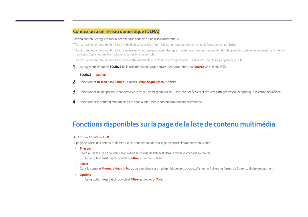 Samsung LH22DBDPLGC/EN manual Connexion à un réseau domestique Dlna, Source → Source → USB 