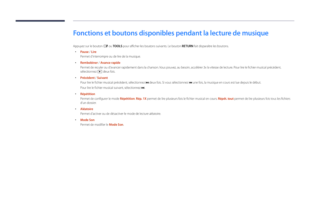 Samsung LH22DBDPLGC/EN manual Permet dinterrompre ou de lire de la musique, Aléatoire, Permet de modifier le Mode Son 
