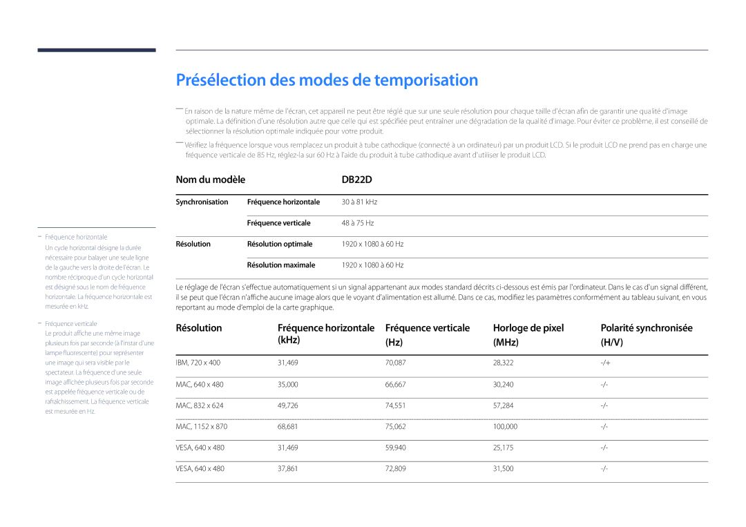 Samsung LH22DBDPLGC/EN manual Présélection des modes de temporisation, Horloge de pixel, KHz MHz, Fréquence verticale 