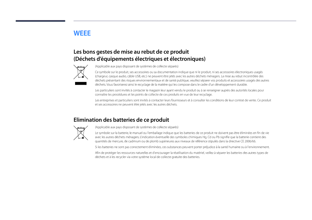 Samsung LH22DBDPLGC/EN manual Weee, Elimination des batteries de ce produit 