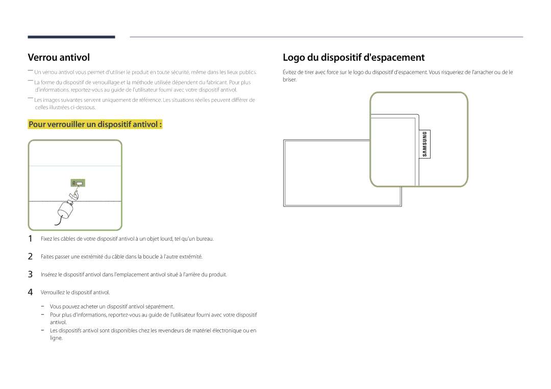 Samsung LH22DBDPLGC/EN manual Verrou antivol, Logo du dispositif despacement, Pour verrouiller un dispositif antivol 