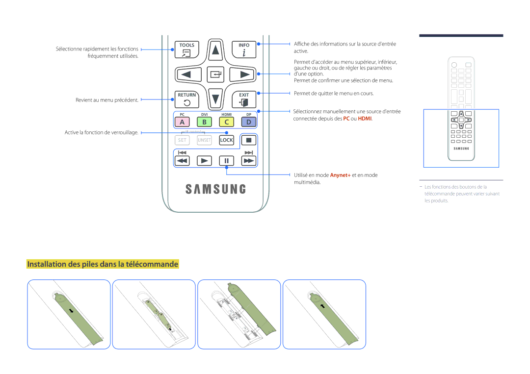 Samsung LH22DBDPLGC/EN manual Installation des piles dans la télécommande, Utilisé en mode Anynet+ et en mode multimédia 