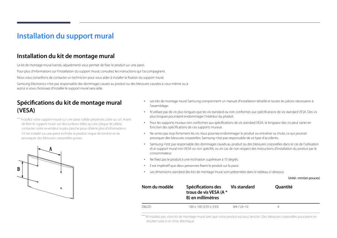 Samsung LH22DBDPLGC/EN manual Installation du support mural, Installation du kit de montage mural, En millimètres 