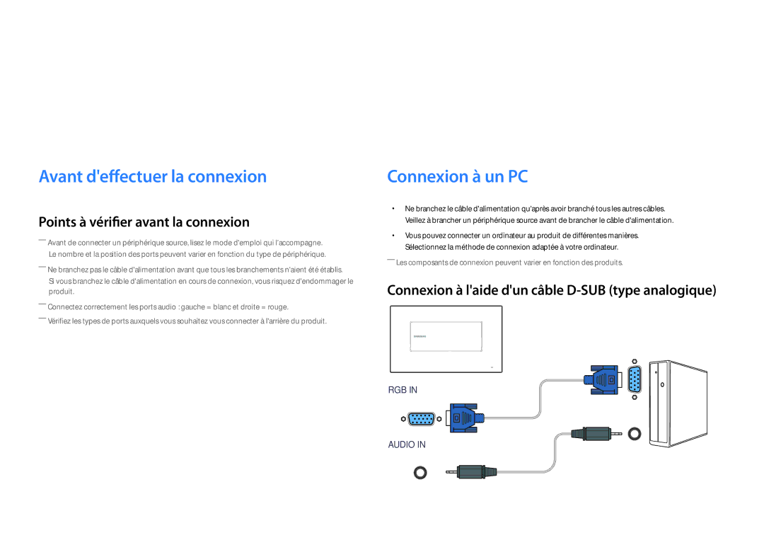 Samsung LH22DBDPLGC/EN Connexion et utilisation dun périphérique source, Avant deffectuer la connexion, Connexion à un PC 