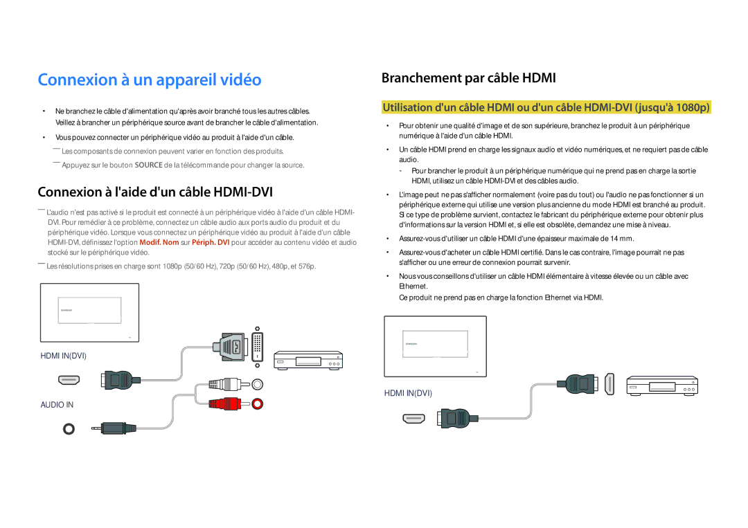 Samsung LH22DBDPLGC/EN manual Connexion à un appareil vidéo, Branchement par câble Hdmi 