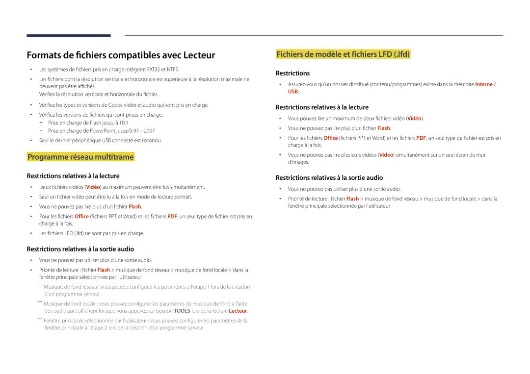 Samsung LH22DBDPLGC/EN manual Formats de fichiers compatibles avec Lecteur, Programme réseau multitrame 