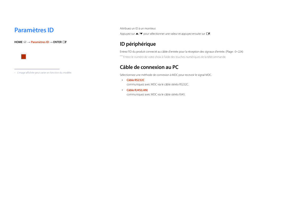 Samsung LH22DBDPLGC/EN manual Paramètres ID, ID périphérique, Câble de connexion au PC 