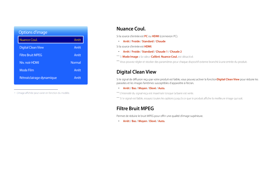 Samsung LH22DBDPLGC/EN manual Nuance Coul, Digital Clean View, Filtre Bruit Mpeg 