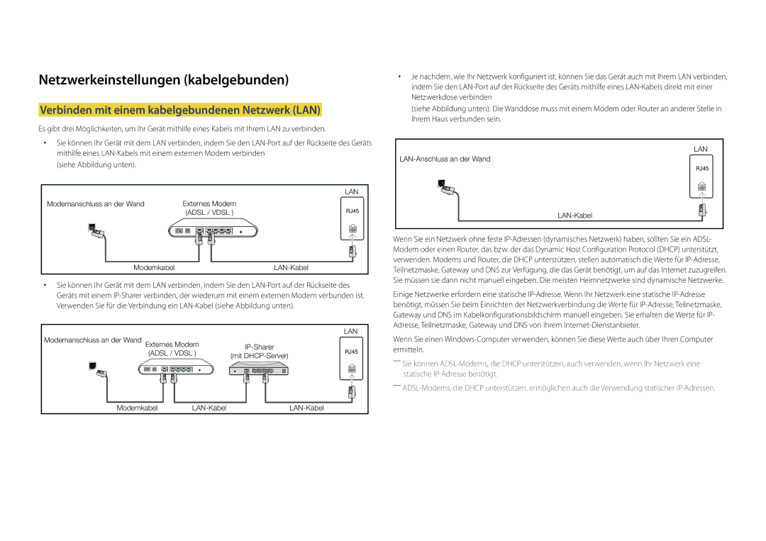 Samsung LH22DBDPLGC/EN manual Netzwerkeinstellungen kabelgebunden, Verbinden mit einem kabelgebundenen Netzwerk LAN 