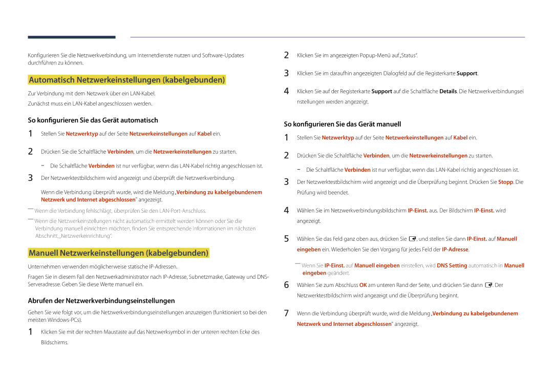 Samsung LH22DBDPLGC/EN manual Automatisch Netzwerkeinstellungen kabelgebunden, Manuell Netzwerkeinstellungen kabelgebunden 