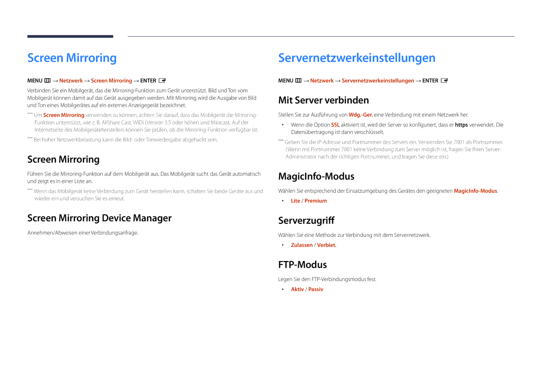 Samsung LH22DBDPLGC/EN manual Screen Mirroring, Servernetzwerkeinstellungen 