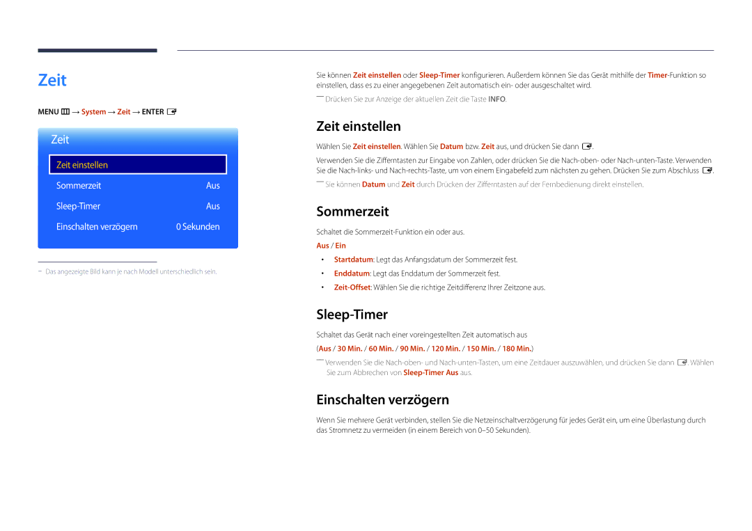 Samsung LH22DBDPLGC/EN manual Zeit einstellen, Sommerzeit, Sleep-Timer, Einschalten verzögern 