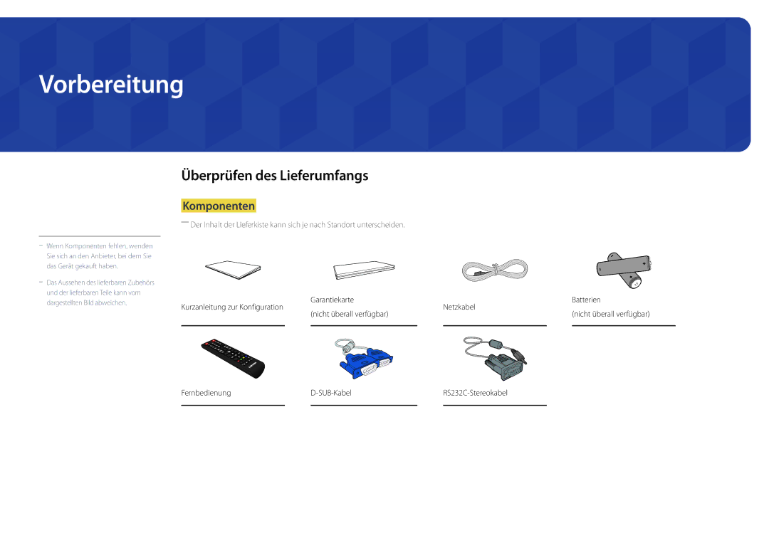 Samsung LH22DBDPLGC/EN Vorbereitung, Überprüfen des Lieferumfangs, Komponenten, Fernbedienung SUB-Kabel RS232C-Stereokabel 