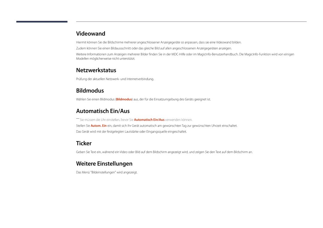 Samsung LH22DBDPLGC/EN manual Netzwerkstatus, Bildmodus, Automatisch Ein/Aus, Ticker, Weitere Einstellungen 