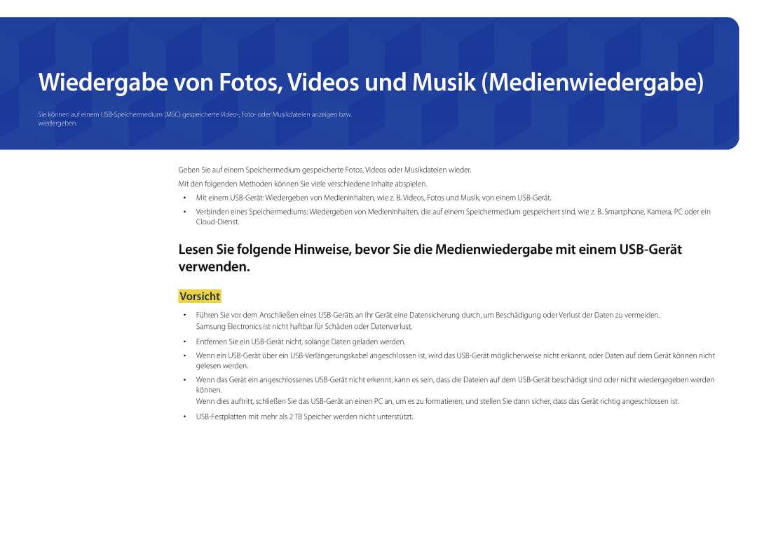 Samsung LH22DBDPLGC/EN manual Wiedergabe von Fotos, Videos und Musik Medienwiedergabe 