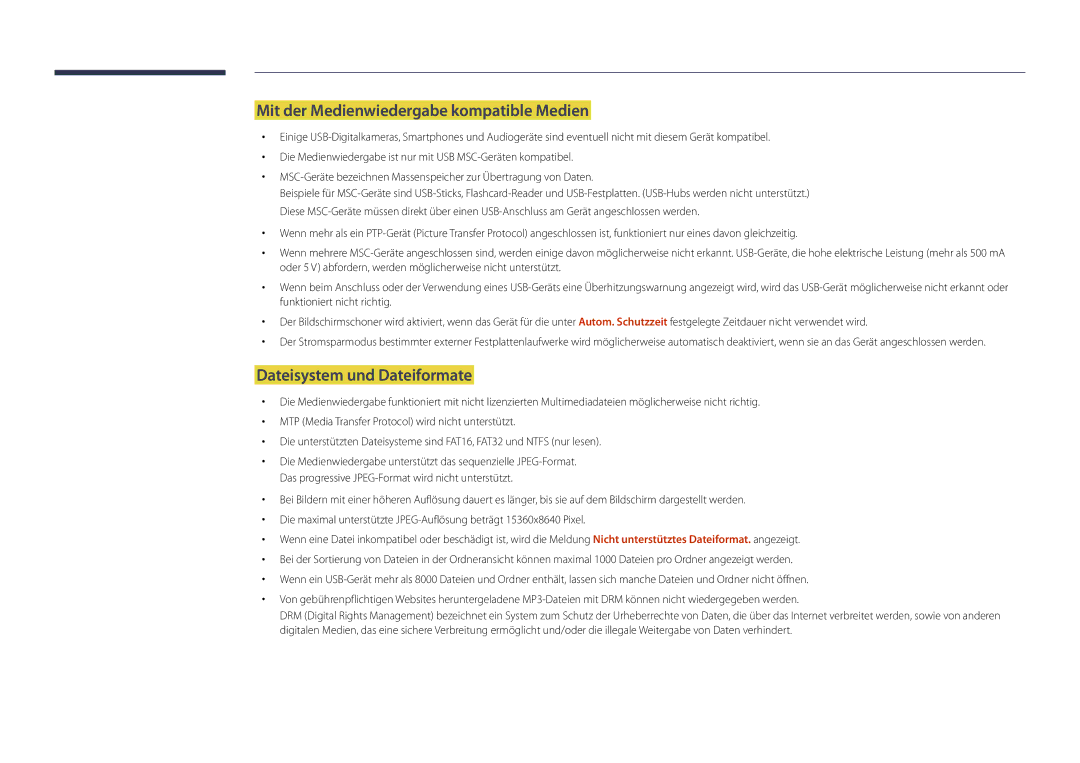 Samsung LH22DBDPLGC/EN manual Mit der Medienwiedergabe kompatible Medien, Dateisystem und Dateiformate 