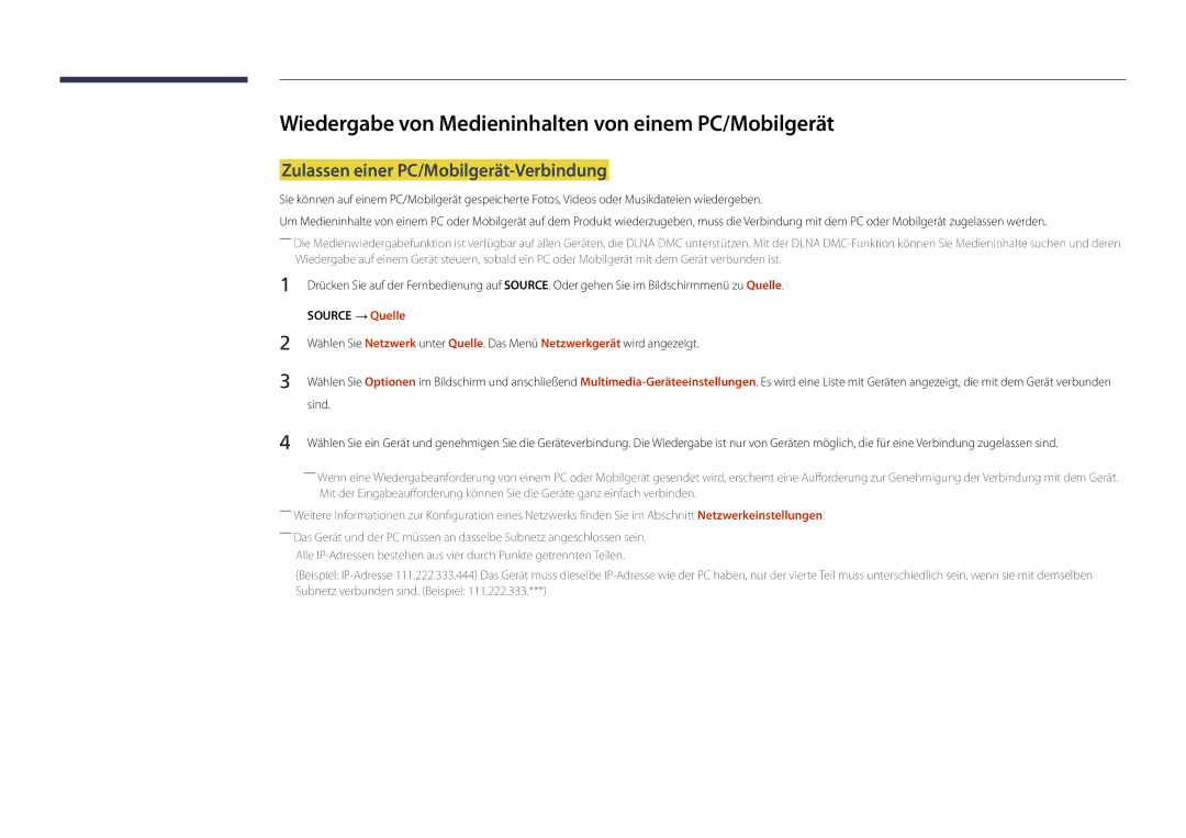 Samsung LH22DBDPLGC/EN Wiedergabe von Medieninhalten von einem PC/Mobilgerät, Zulassen einer PC/Mobilgerät-Verbindung 