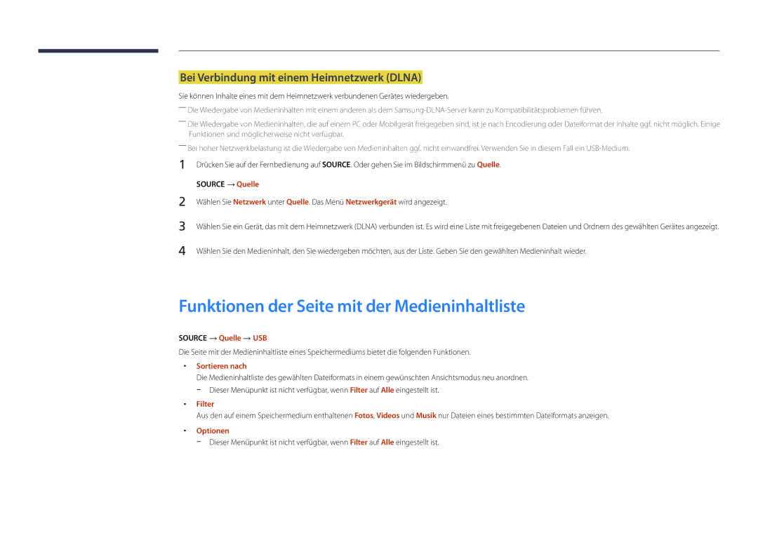 Samsung LH22DBDPLGC/EN Funktionen der Seite mit der Medieninhaltliste, Bei Verbindung mit einem Heimnetzwerk Dlna, Filter 