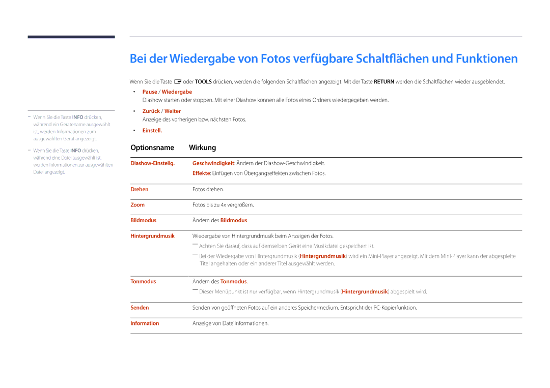 Samsung LH22DBDPLGC/EN Pause / Wiedergabe, Zurück / Weiter, Diashow-Einstellg, Drehen, Zoom, Hintergrundmusik, Information 