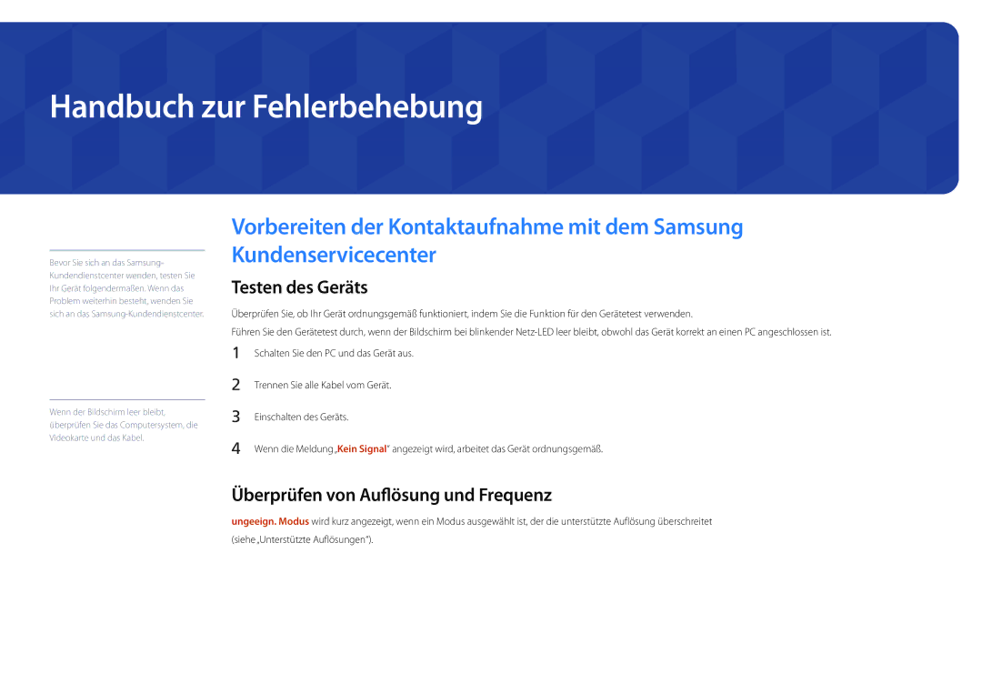 Samsung LH22DBDPLGC/EN manual Handbuch zur Fehlerbehebung, Testen des Geräts, Überprüfen von Auflösung und Frequenz 