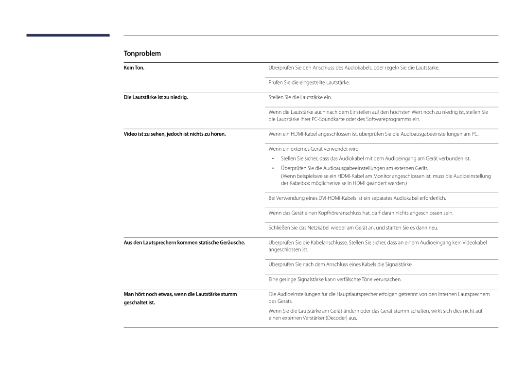 Samsung LH22DBDPLGC/EN manual Tonproblem, Kein Ton, Prüfen Sie die eingestellte Lautstärke, Die Lautstärke ist zu niedrig 