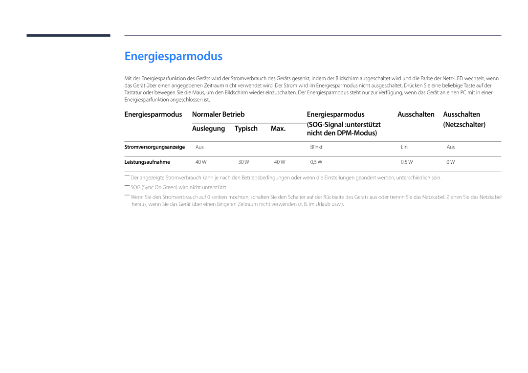 Samsung LH22DBDPLGC/EN manual Energiesparmodus, Aus Blinkt Ein Leistungsaufnahme 40 W 30 W 