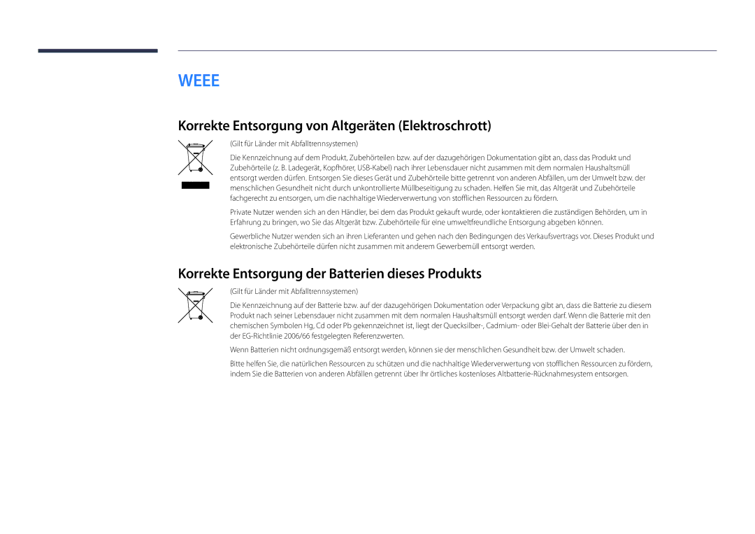 Samsung LH22DBDPLGC/EN manual Korrekte Entsorgung von Altgeräten Elektroschrott, Gilt für Länder mit Abfalltrennsystemen 