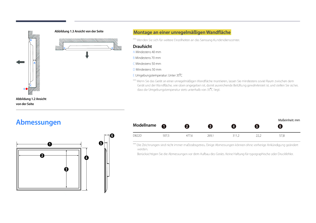 Samsung LH22DBDPLGC/EN manual Abmessungen, Montage an einer unregelmäßigen Wandfläche, Draufsicht, Modellname 