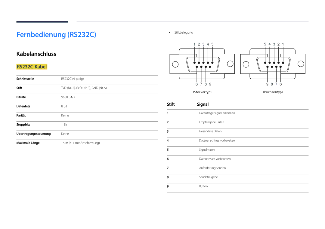 Samsung LH22DBDPLGC/EN manual Fernbedienung RS232C, Kabelanschluss, RS232C-Kabel, Stift Signal 