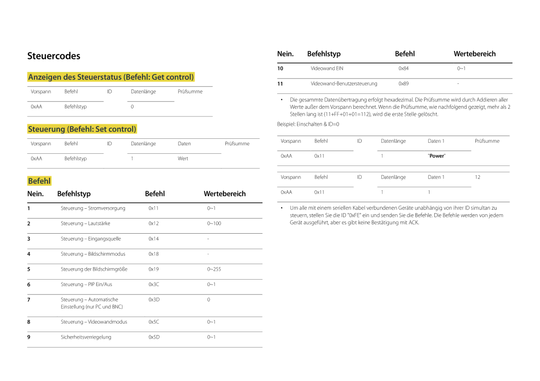 Samsung LH22DBDPLGC/EN manual Steuercodes, Anzeigen des Steuerstatus Befehl Get control, Steuerung Befehl Set control 