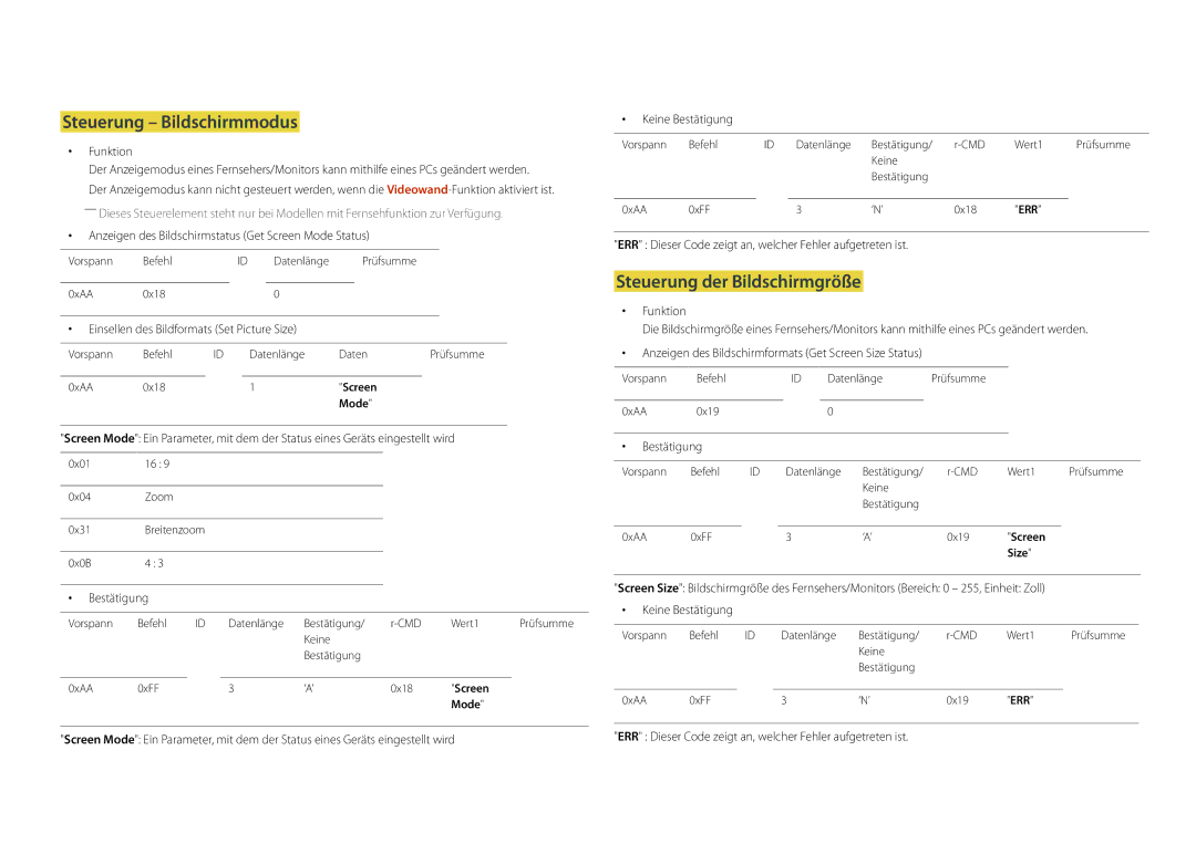 Samsung LH22DBDPLGC/EN manual Steuerung Bildschirmmodus, Steuerung der Bildschirmgröße 