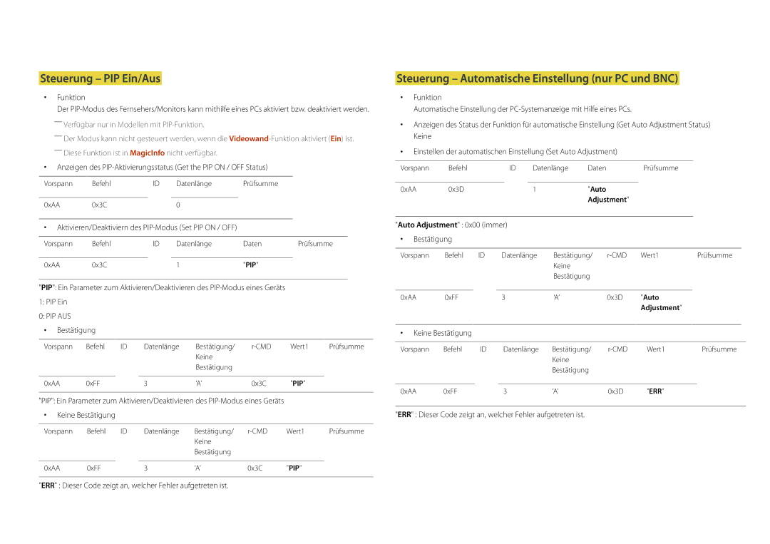 Samsung LH22DBDPLGC/EN manual Steuerung PIP Ein/Aus, Steuerung Automatische Einstellung nur PC und BNC 