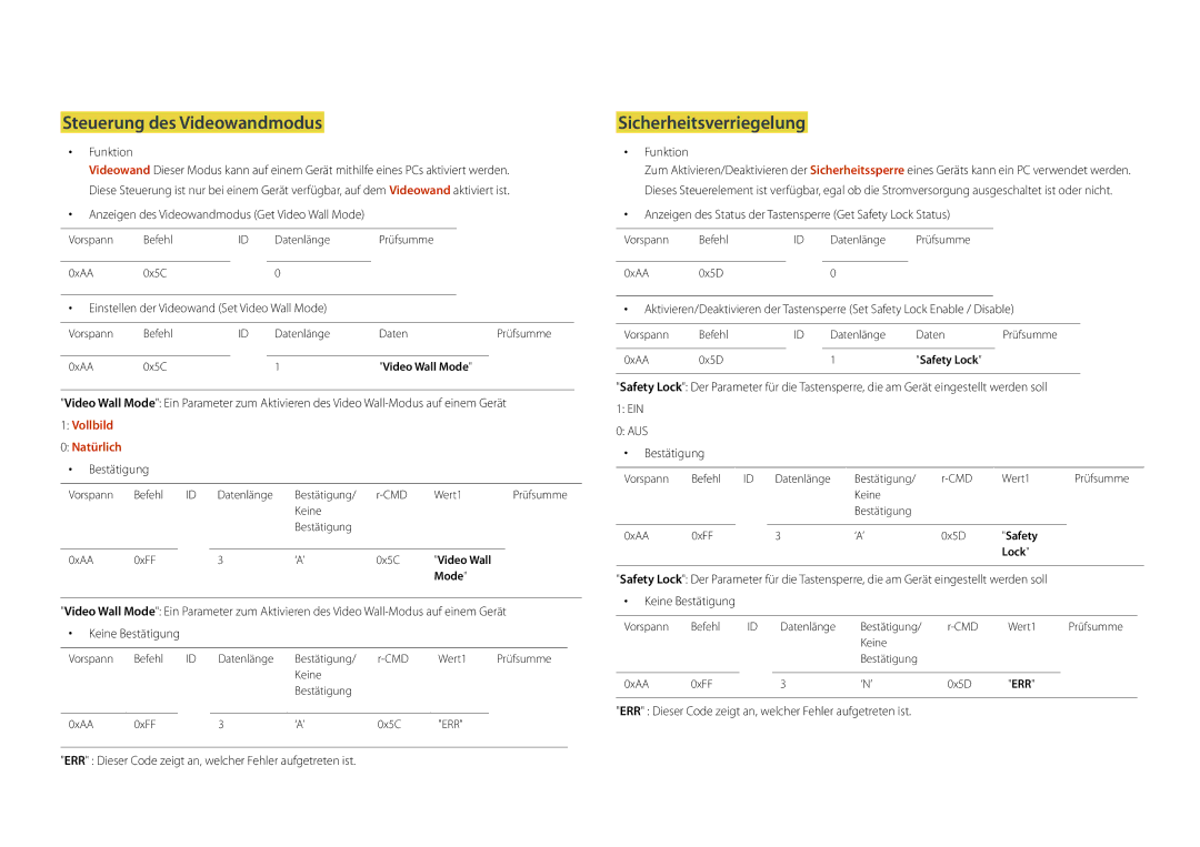 Samsung LH22DBDPLGC/EN manual Steuerung des Videowandmodus, Sicherheitsverriegelung, Vollbild Natürlich 